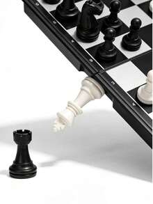 Juego de ajedrez y damas portátil magnético y plegable 2 en 1, esencial de entretenimiento para viajes - Blanco y Negro - Ver 3