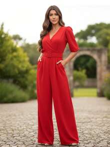 3/4 Length Pantaloon Jumpsuit With Belt Birthday Party Guest - Đỏ - Xem 1