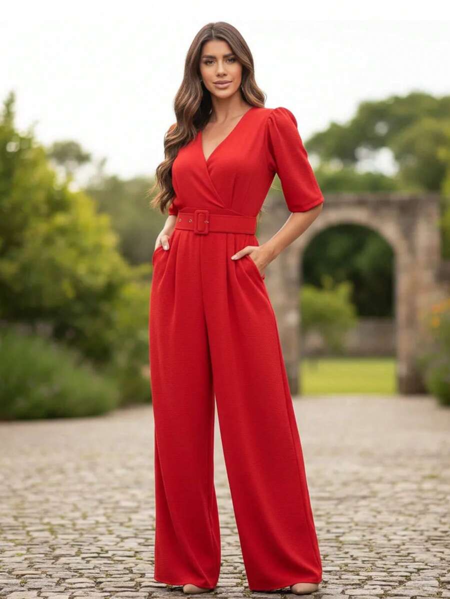 3/4 Length Pantaloon Jumpsuit With Belt Birthday Party Guest - Đỏ - Xem 1
