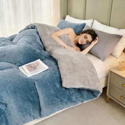 <Off-Season  Liquidation>Woven Texture Milk Velvet Fleece Comforter, Soft Plush Quilted Duvet, Cozy Warm All-Season Bed Blanket