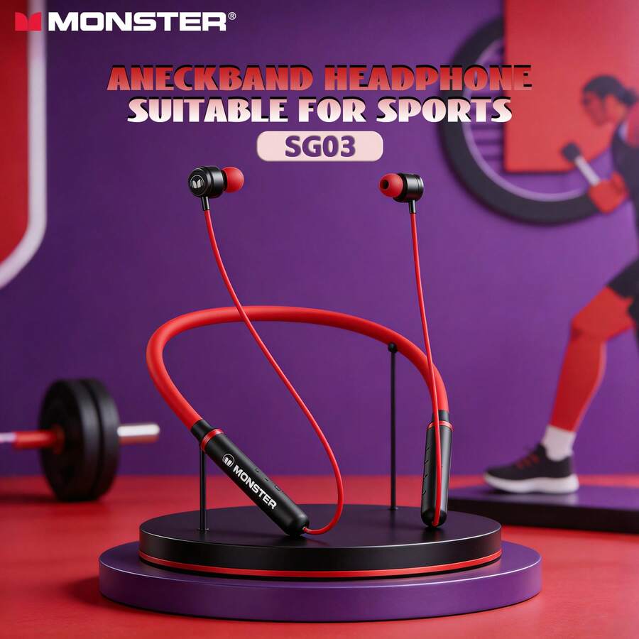 Monster Tai nghe Bluetooth không dây SG03 có nam châm, âm thanh nổi chất lượng CD, độ trễ thấp, chống nước, thích hợp cho các hoạt động thể thao ngoài trời, chơi game và nghe nhạc.