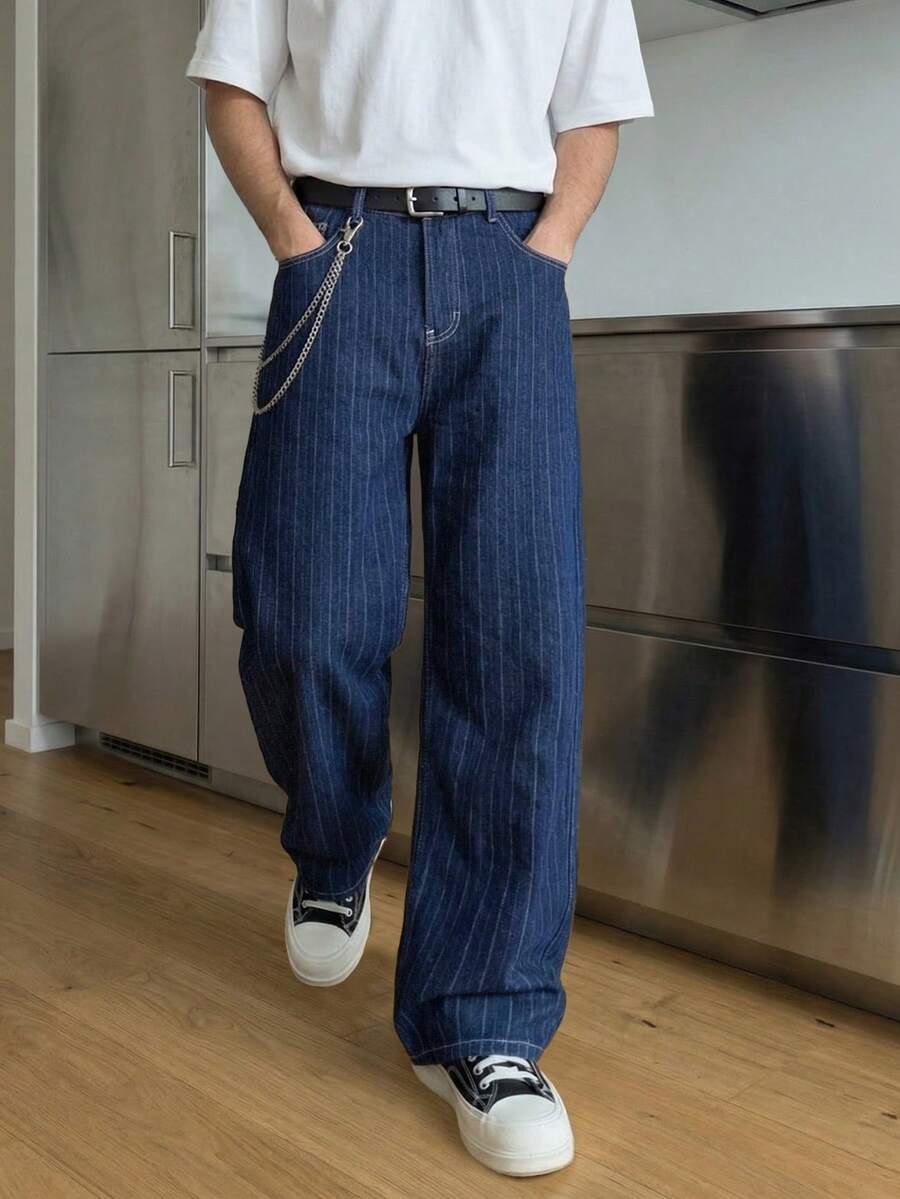 Quần jeans nam dáng suông rộng, kẻ sọc jacquard, thích hợp cho mùa xuân/hè, phong cách công sở thường ngày, thoải mái. - Màu xanh lam - Xem 1