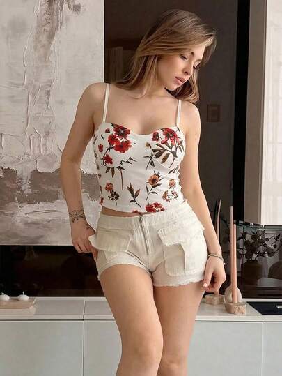 [Vintage Floral Oil Painting Print] Fitted Cropped Elastic Camisole With Spaghetti Strap, Sleeveless French Spicy Style Top, Suitable For Daily Wear, Girlfriend Dates, Music Festivals, Versatile For Spring/Summer, Sexy Babe Style