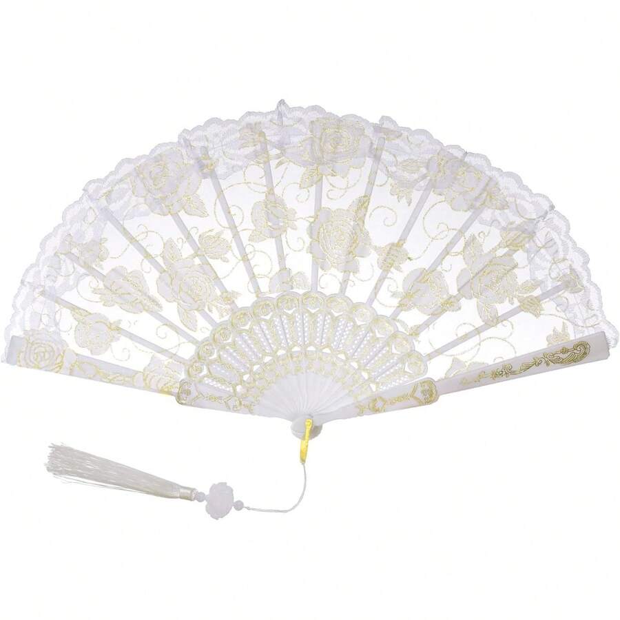 Lace Handheld Folding Fan Embroidered Flower Decorative Folding Fans Japanese Hand Fan 1920s Costume Wedding Bridal Dancing Tea Party (1, White) - trắng - Xem 1