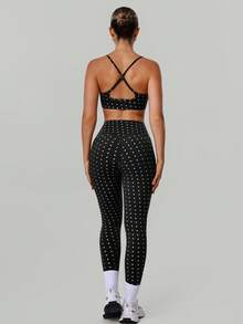 2 PCS CO Ord Sportswear Set Women's Polka Dot Print Adjustable Cross Straps Backless Sports Bra And High Waist Hip Lifting Sports Yoga Leggings - Black - View 10