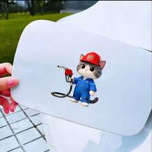 Pegatina de tanque de combustible de gato mecánico azul, resistente al agua y fácil de aplicar, perfecta para decoración de coche DIY. La pegatina presenta un gato lindo con ropa de trabajo azul y un sombrero rojo repostando tu coche, añadiendo diversión a tu vehículo. - Pegatina para coche de gasolinera Cat 2 - Ver 7