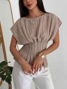 Women's Casual Striped Short Sleeved Shirt Elegant Round Neck Everyday Commuting Top Loose Fit Lightweight Basic Blouse Apricot Coffee Brown Summer Top - 杏色 - 查看 4