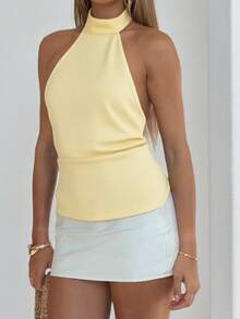 1 Áo cổ yếm xoắn sau lưng bằng vải dệt kim màu trơn, thích hợp mặc đi biển, đi học lại, tiệc tùng, sinh nhật, mọi mùa - Màu vàng - Xem 1