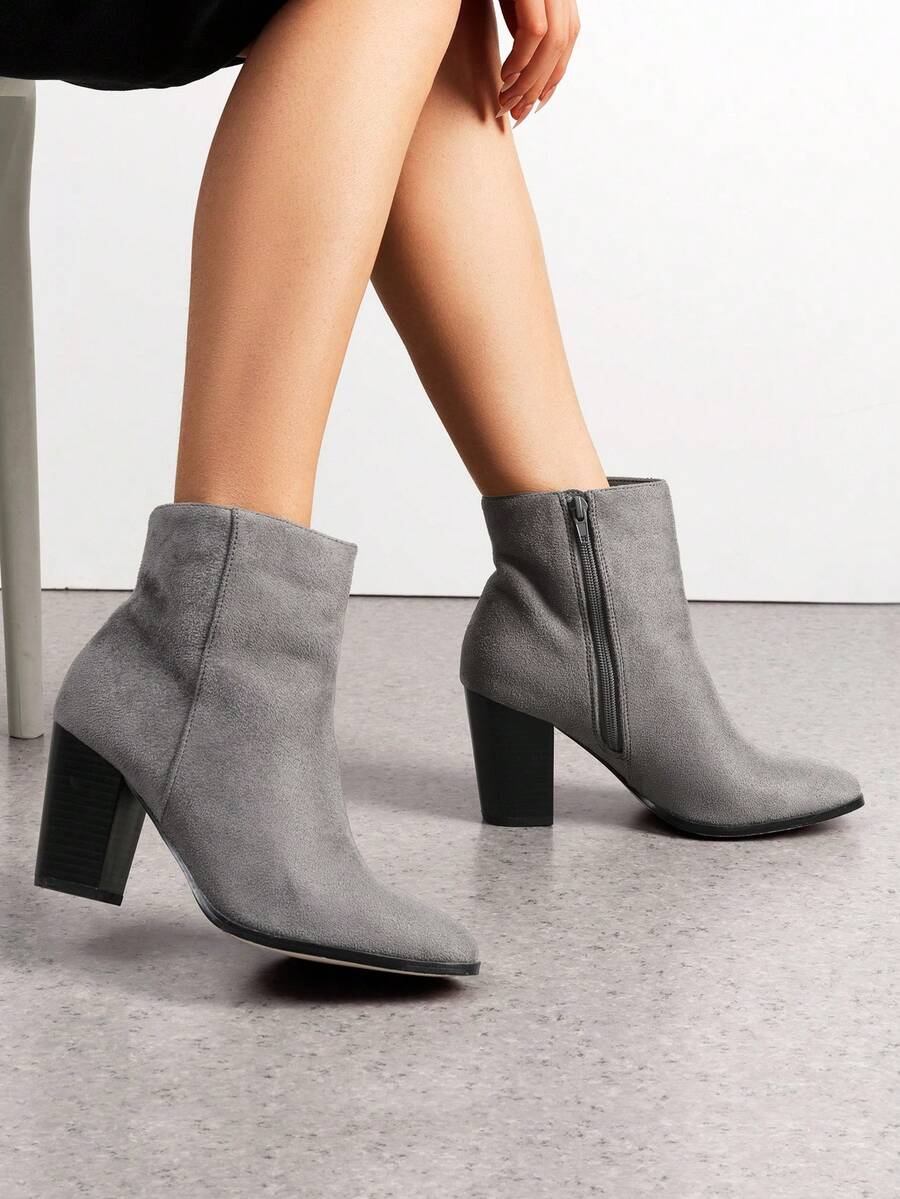 Women's Fashionable Sand Suede High Chunky Block Heel Ankle Booties Side Zipper Almond Toe Short Bootie Pumps - Xám - Xem 1