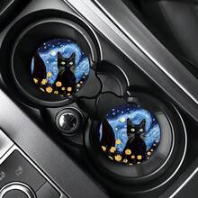 1 Set Of 2 Starry Sky Chrysanthemum Cat Car Cup Holder Pads, Universal Compatible, Made Of Natural Rubber Bottom Anti Slip Polyester Back, Washable Weight Of 15 Grams, 2.8-Inch Absorbent Knitted Fabric, Cute Cartoon Storage Pad, Used For Vehicle Interior - Starry Sky Chrysanthemum Cat 2-piece Set - View 11