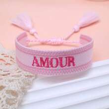 1 pieza Brazalete vintage hecho a mano con bordado francés "AMOUR" y trenzado creativo, adecuado para parejas, regalo para ocasiones especiales - Rosa Pálido - Ver 4