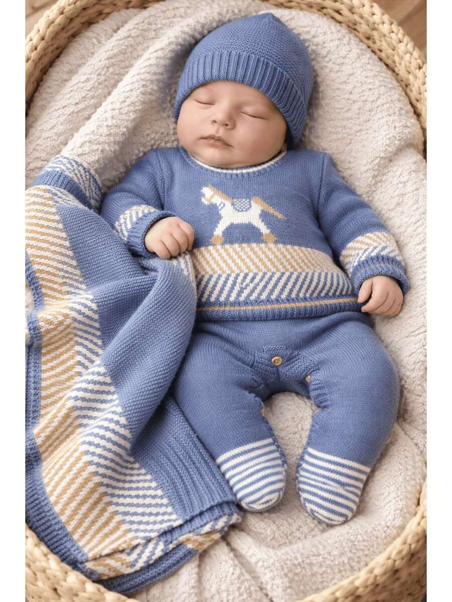 Nika Baby Knitted Baby Outfit - Little Horse Bento - Màu xanh bụi bặm - Xem 1