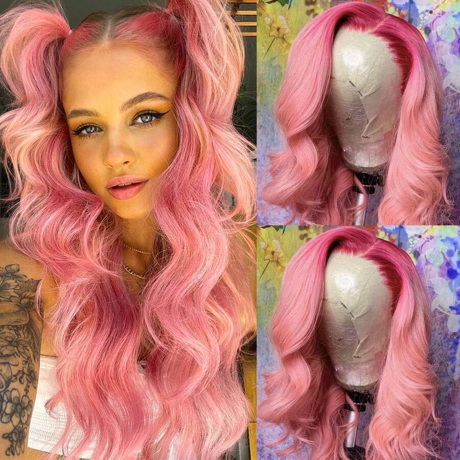 13X4 Free Part Black Green Highlights Body Wave Lace Front Wigs Pre Plucked Soft Long Wavy Hair Wigs Heat Resistant Wave Wigs Glueless Christmas Wig Long Wavy Synthetic Lace Front Wigs For Women Perfect For Daily Wear & Parties - 漸層粉紅色 - 查看 1