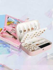 1 Piece Travel Jewelry Box, Small PU Storage Case, Suitable For Women And Girls, Mini Portable Double-Layer Travel Box For Storing Earrings, Rings, Necklaces, Etc. - Multicolor - View 9