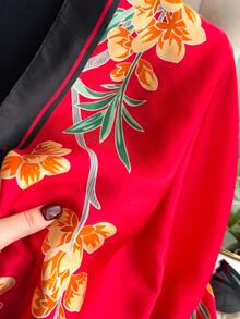 1pc Elegant Floral Print Silk-Like Scarf, Versatile Shawl For Beach, Sun Protection, Fashion Accessory Suitable For Daily Wear,Holiday - Red - View 4