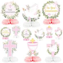 12 pièces Décoration de table en nid d'abeille en papier pour la première communion, centre de table religieux avec croix bleue, convient pour la fête, l'anniversaire, la décoration d'église de mariage et les accessoires photo - Multicolore - Voir 9
