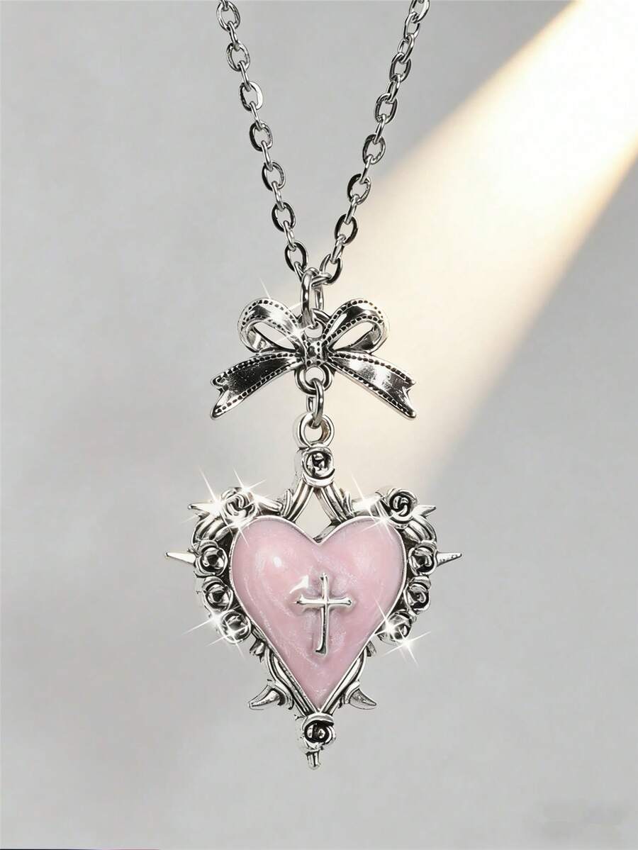 Dây chuyền mặt dây chuyền hình trái tim, hoa hồng, thánh giá, nơ, phong cách Gothic Y2K, thiết kế độc đáo. - Hồng - Xem 1