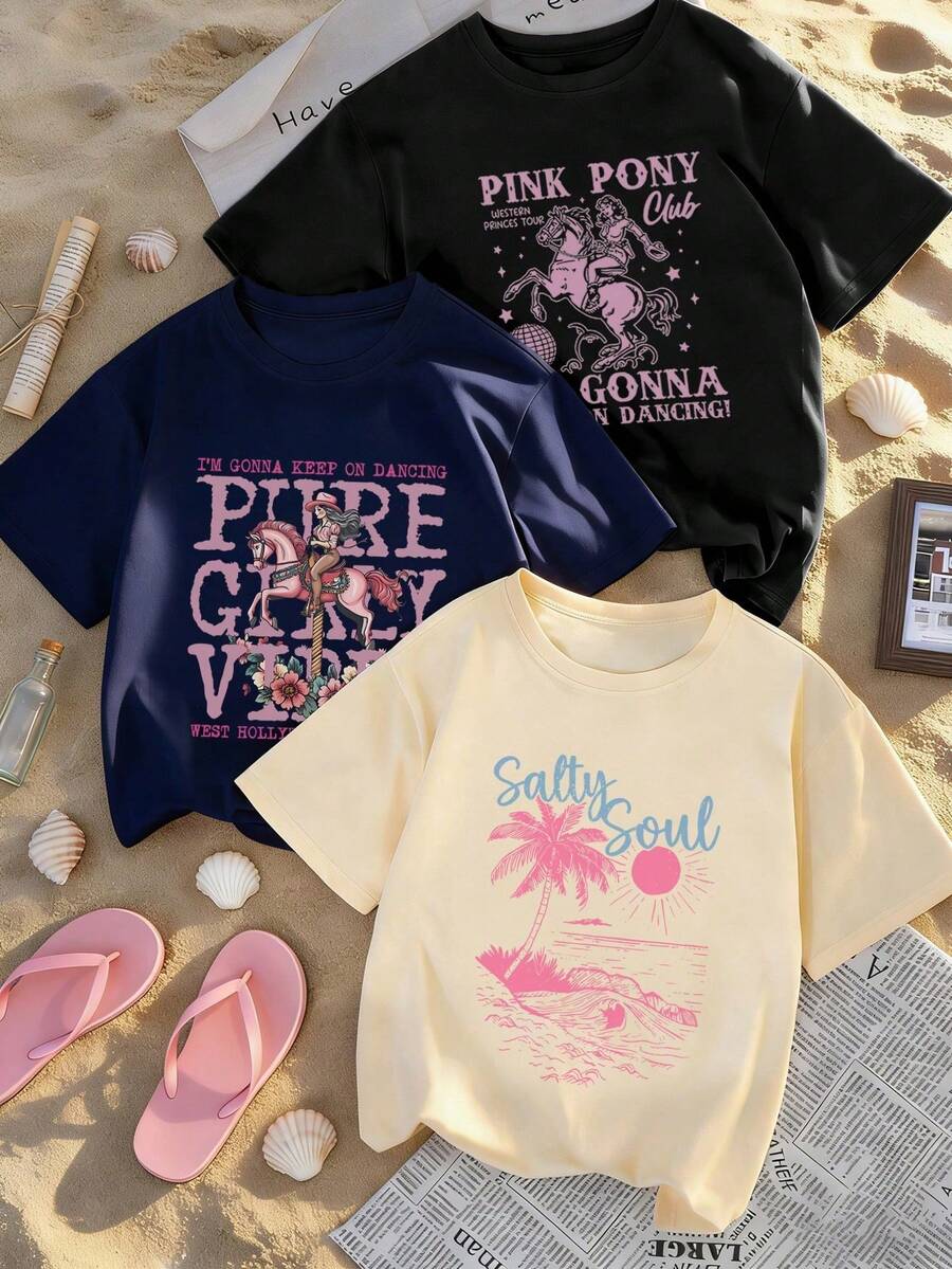 3pcs/Set Tween Girls' Casual Printed Short Sleeve T-Shirts, Young Student Apparel, Summer Tops To Inspire Kids' Artistic Imagination - Multicolor - View 1