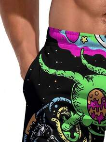 Pantalones cortos de playa con estampado 3D de alienígena y arcoíris, estilo hawaiano para hombres de talla grande - Multicolor - Ver 3