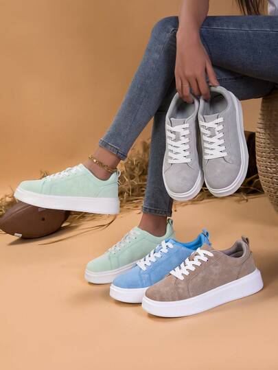 女士薄荷绿、天蓝、卡其色、灰色仿麂皮系带运动鞋，简约风格系带休闲鞋，透气厚底时尚日常鞋