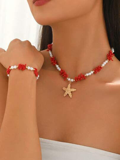 2件套度假风海洋清新红珊瑚仿珍珠海星吊坠项链+手链套装，沙滩派对假日优雅首饰