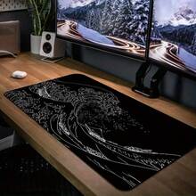 Large Size Mouse Pad With Japanese-Style Black Wave Design, Suitable For Gaming, Study Or Office Use, With Stitched Edges And Rubber Base Office Desk Desk Office Supplies Office Accessories Desk Mat Mousepad Study Table Mouse Pad For Desk Desk Decor - Black - View 4
