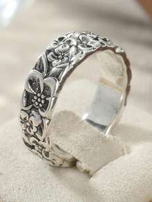 Anello in rame lavorato a mano con motivo floreale elegante e carino, gioiello di moda adatto per feste e raduni, un regalo ideale per le donne - argento antico - Visualizzare 12