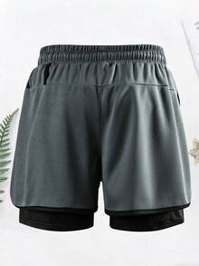1 chiếc quần short thể thao nam 2 trong 1 mùa hè, chất liệu vải lưới, quần short chạy bộ, thích hợp cho tập luyện tại phòng gym và chạy bộ ngoài trời. - Màu xám đen - Xem 4