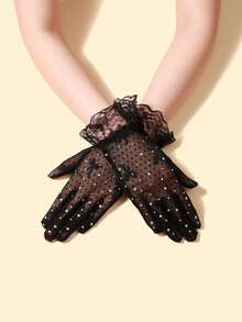 Găng tay hở ngón màu đen viền ren thoáng khí mới mùa Xuân/Hè 2026, găng tay dự tiệc thời trang xuyên thấu đính đá và nơ gợi cảm. - màu đen - Xem 3
