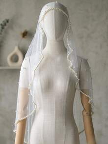 1 Layer Pearl Edged Bridal Veil Without Comb, Handmade Beaded Wedding Face Veil - Multicolor - View 3