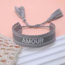1pc Handmade Embroidered French "AMOUR" Creative Woven Retro Bracelet, Suitable For Couples, Holiday Gift, Blessing Cord - Grey - View 4