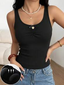1 pezzo Canotta basic nera con fiocco e pendente a forma di cuore, senza maniche, con imbottitura sul busto, camisole corta in cotone elasticizzato, essenziale per tutte le stagioni - nero - Visualizzare 4