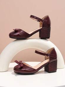 1 Pair Girls' Sequin Chunky Heel Bow Decor Princess Style Performance High Heels, Suitable For All Seasons - Burgundy - View 6