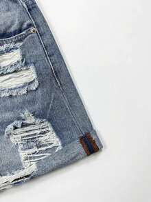 Bohemian Style Women's Denim Shorts With Pattern, Featuring Distressed Details, Raw Edges, Pockets And Straight Leg, Non-Stretch Casual Fit - Light Wash - View 8