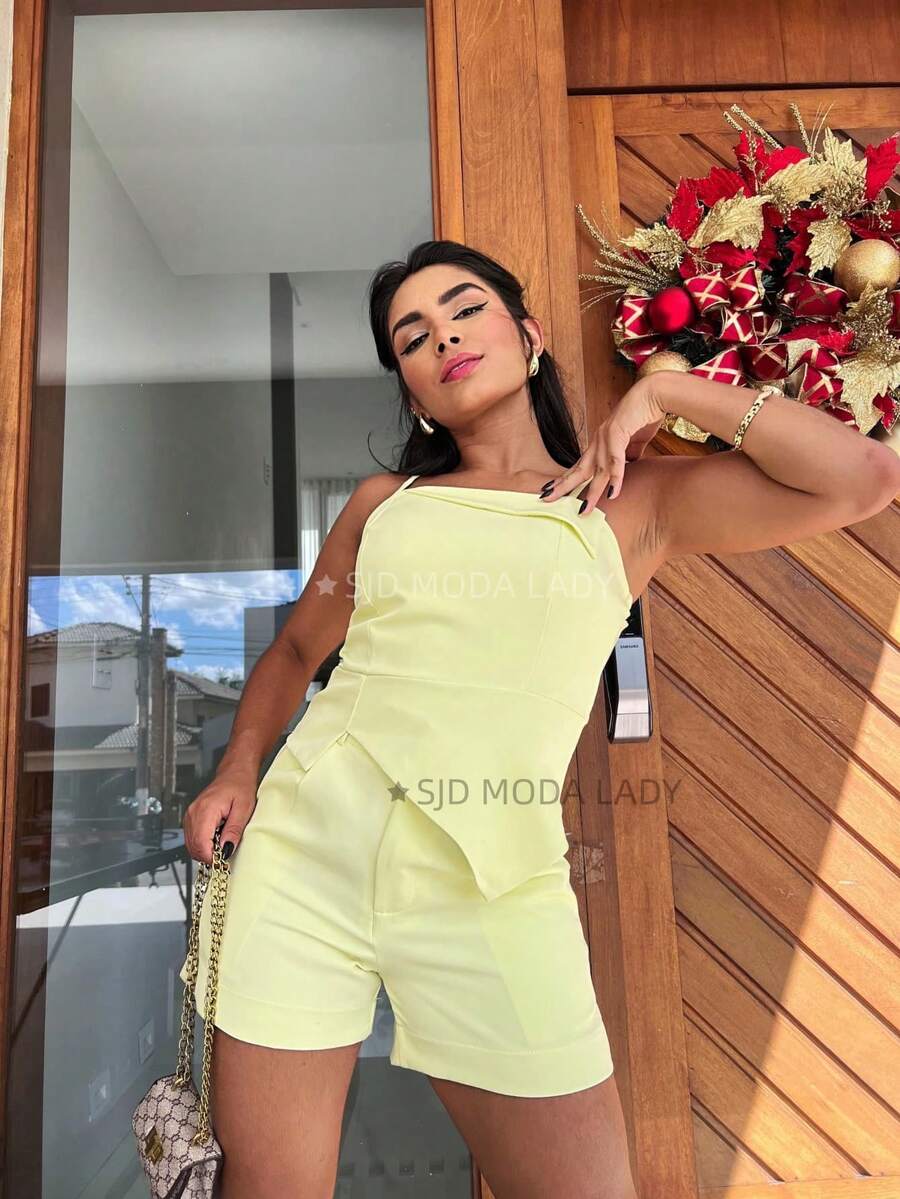 SJD MODA LADY Solid Tailored Set Chic Youth Asymmetrical Hem Top With Elastic Back Padding - Màu vàng - Xem 1