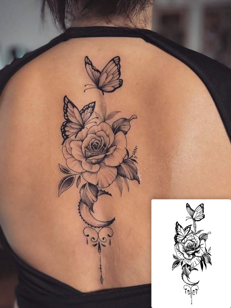 1pc Temporary Tattoo Sticker 7-14 Days Herbal Long-Lasting Tattoo Sticker, Minimalist Abstract Minimalist Black & Gray Realistic Vintage Flower & Butterfly Tattoo Sticker, Personalized Cool Herbal Tattoo Sticker, Washable Temporary Tattoo Sticker PVC Personalized Fashion Tattoo Sticker Suitable For People - Black - View 1