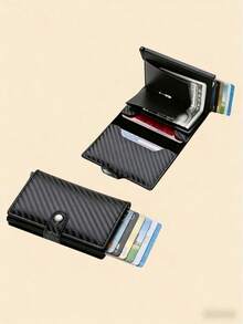 Carbon Fiber Automatic Pop-Up Men's Wallet Card Holder, Multi-Functional Multi-Slot Ultra-Thin Wallet, RFID Anti-Theft Business Portable Holiday Gift Card Holder. - Black - View 2