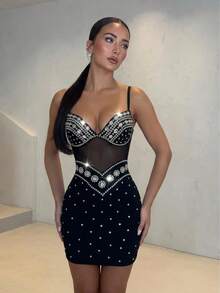 European And American Sexy Sling Deep V Spliced ​​Mesh Hot Diamond Chain Hip-Covering Heavy-Duty Short Dress - Black - View 1