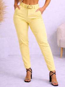 Women's Tailored High-Waisted Trousers With Shaping Belt, Straight Leg, Modern, Slim Fit, Elegant, Premium, Casual, Chic, Party Style - 黃色 - 查看 9
