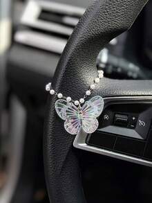 1pc Acrylic Butterfly Pearl Chain Steering Wheel Decoration Exquisite Interior Accessories For Women - A - View 3