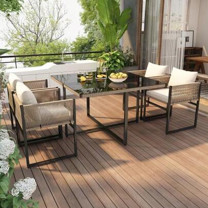 Garten-Essgruppe 5 Tlg Sitzgruppe Mit 1 Esstisch, 4 Stapelbaren Stühlen, (Gartengarnitur, 5-Tlg, Sitzgarnitur), Feines Seil, Eisen, Tischplatte Aus 5mm Starkem Sicherheitsglas
