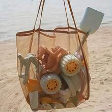 Large Capacity Mesh Beach Tote Bag, Durable Polyester Material, Solid Color With Sturdy Handles, Suitable For Travel, Beach, Vacation And Camping, Multifunctional Storage Solution, Sturdy And Durable - A - View 10
