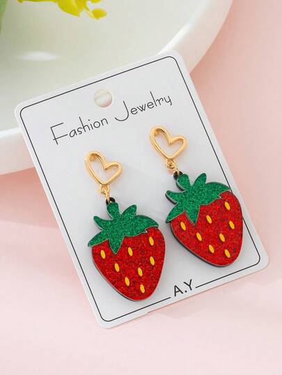 1 Pair Summer Fruit Cute Sparkling Strawberry Design Fashion Jewelry Earrings For Women, Perfect Gift For Beach Vacation