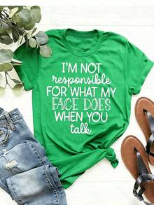 Women I'M NOT RESPONSIBLE FOR WHAT MY FACE DOES WHEN YOU TALK Slogan Graphic Tee Round Neck Short Sleeve Casual Daily All Season Summer Tshirt - 綠色 - 查看 9