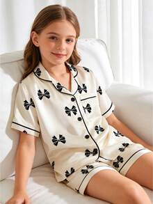 2 piezas Conjunto de pijama de pantalón corto y manga corta con lazo blanco para niña preadolescente - Multicolor - Ver 4