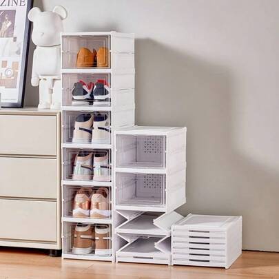 3-Tier/6-Tier Heavy Duty White Plastic Foldable Shoe Box With Transparent Dividers, PP Dust-Proof & Moisture-Proof Design, Large Capacity Stackable Space-Saving Portable Shoe Storage Box With Lid