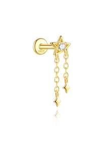 1 pieza Pendiente de oreja tipo cuff de plata de ley 925 con cadena y pendiente de diamante, pendiente para cartílago de la oreja, pendiente para lóbulo de la oreja, pendiente tipo cuff para mujeres - Dorado - Ver 28