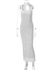 2 Pcs Women'S Strapless Sequin Maxi Dress, Silver Glitter Bodycon Formal Evening Gown For Party Prom - 薄荷綠 - 查看 6