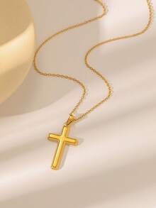 1pc Minimalist Fashionable Gold Cross Pendant Necklace, Stainless Steel Material, Unisex Casual Street Style - Gold - View 5
