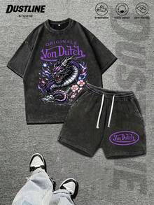 Mens Creative T Shirt And Shorts Set American Vintage Full Print Street Wear Essential T Shirt Set Men Graphic T Shirt And Shorts Set With Dragon And Flowers Print Washed Look Vons Dutchs Logo Design For Casual Outfits Summer Wear - 黑色 - 查看 1